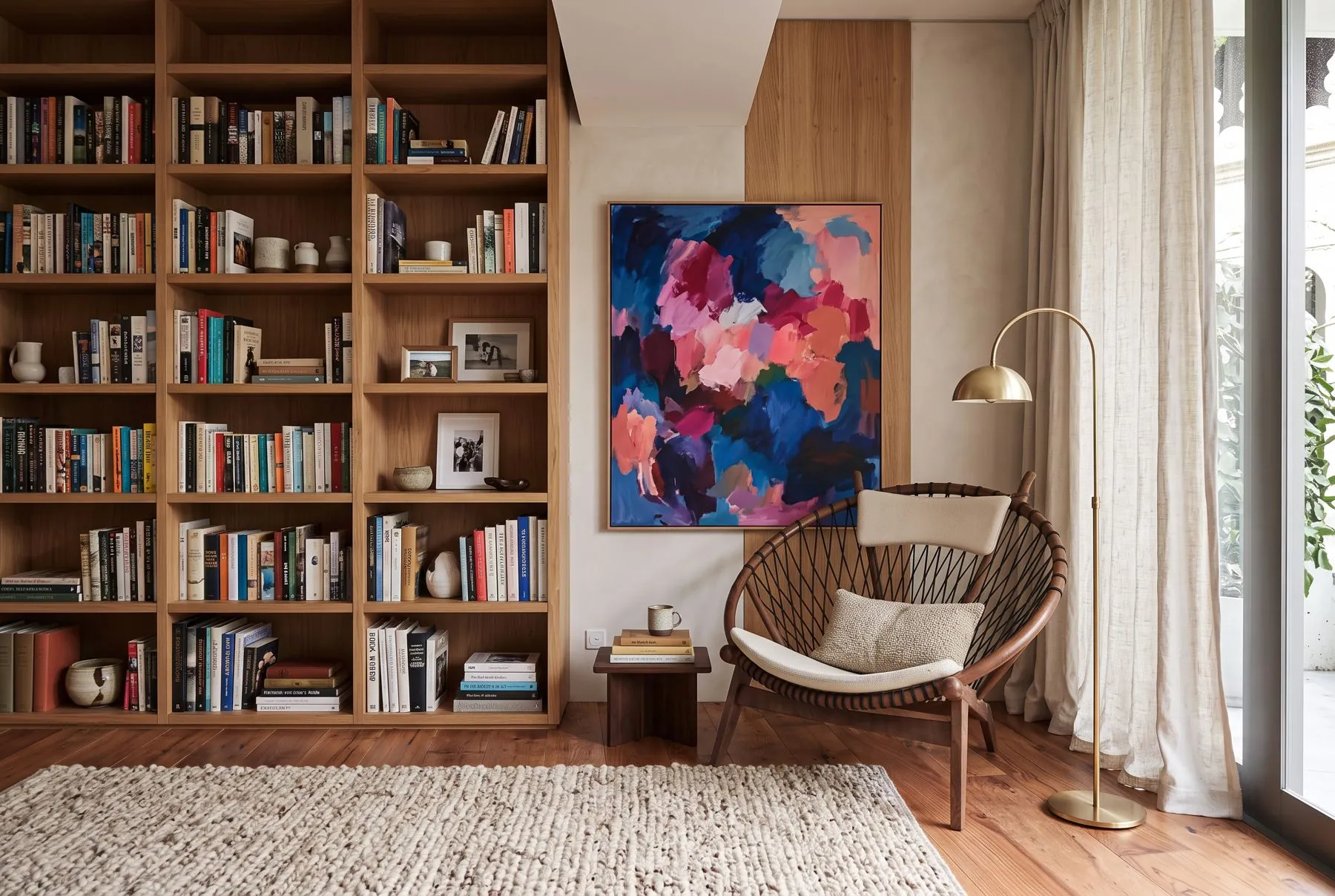 Office corner with a bookshelf and a lounge chair