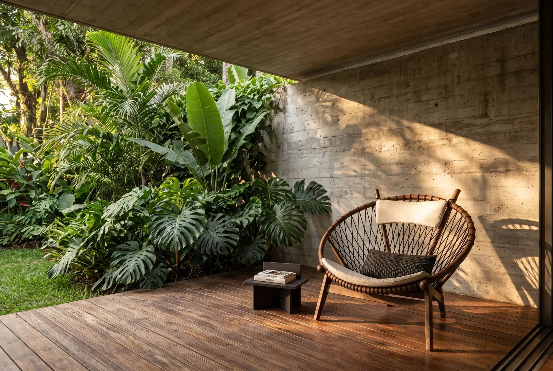Balcony with a wood deck and a lounge chair