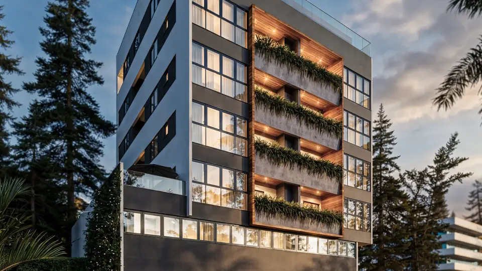 Fachada de prédio residencial com jardineiras em madeira e pinheiros ao redor, em render 3D noturno da Render Fabrik Fachada de prédio residencial com jardineiras em madeira e pinheiros ao redor, em render 3D noturno da Render Fabrik