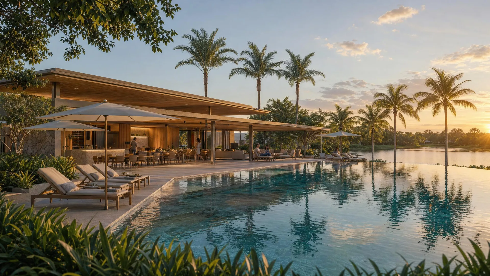 Render 3D do clube do loteamento com piscina de borda infinita e espaço gourmet ao pôr do sol (estudo conceitual)