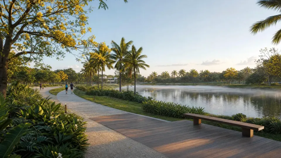 Render 3D do parque do lago com pista de caminhada
