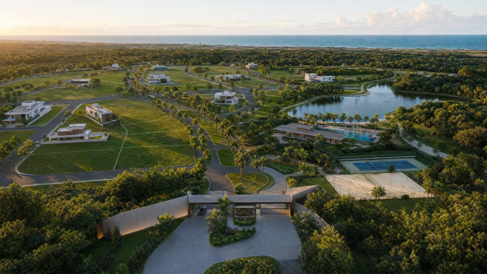 Vista aérea 3D de loteamento fechado com portaria, clube e lago