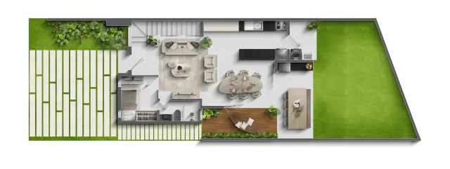 Planta humanizada do térreo da casa A do Volare em Eusébio, CE, versão terreno inclinado, com deck e jardim lateral