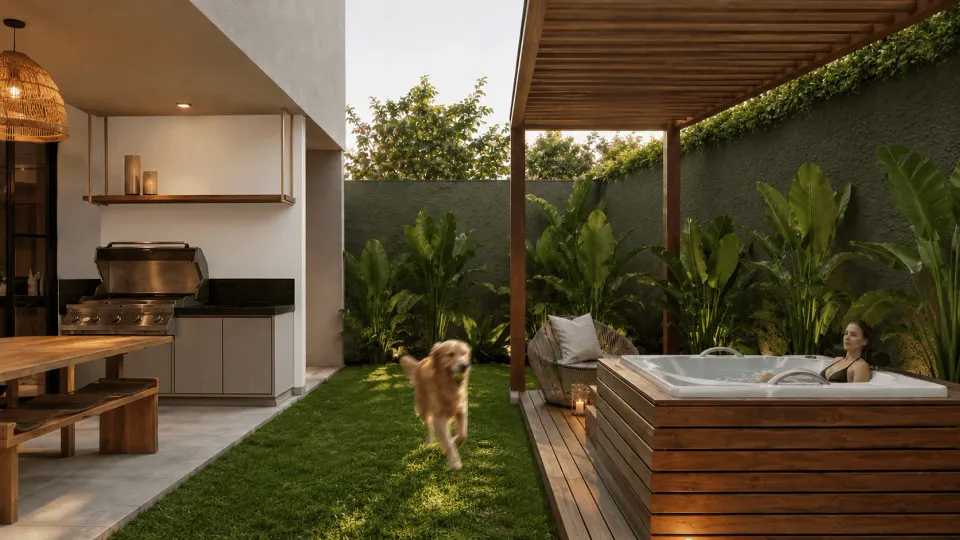 Render 3D del jardín de una casa en terreno en pendiente en Volare con barbacoa, césped y ofuro