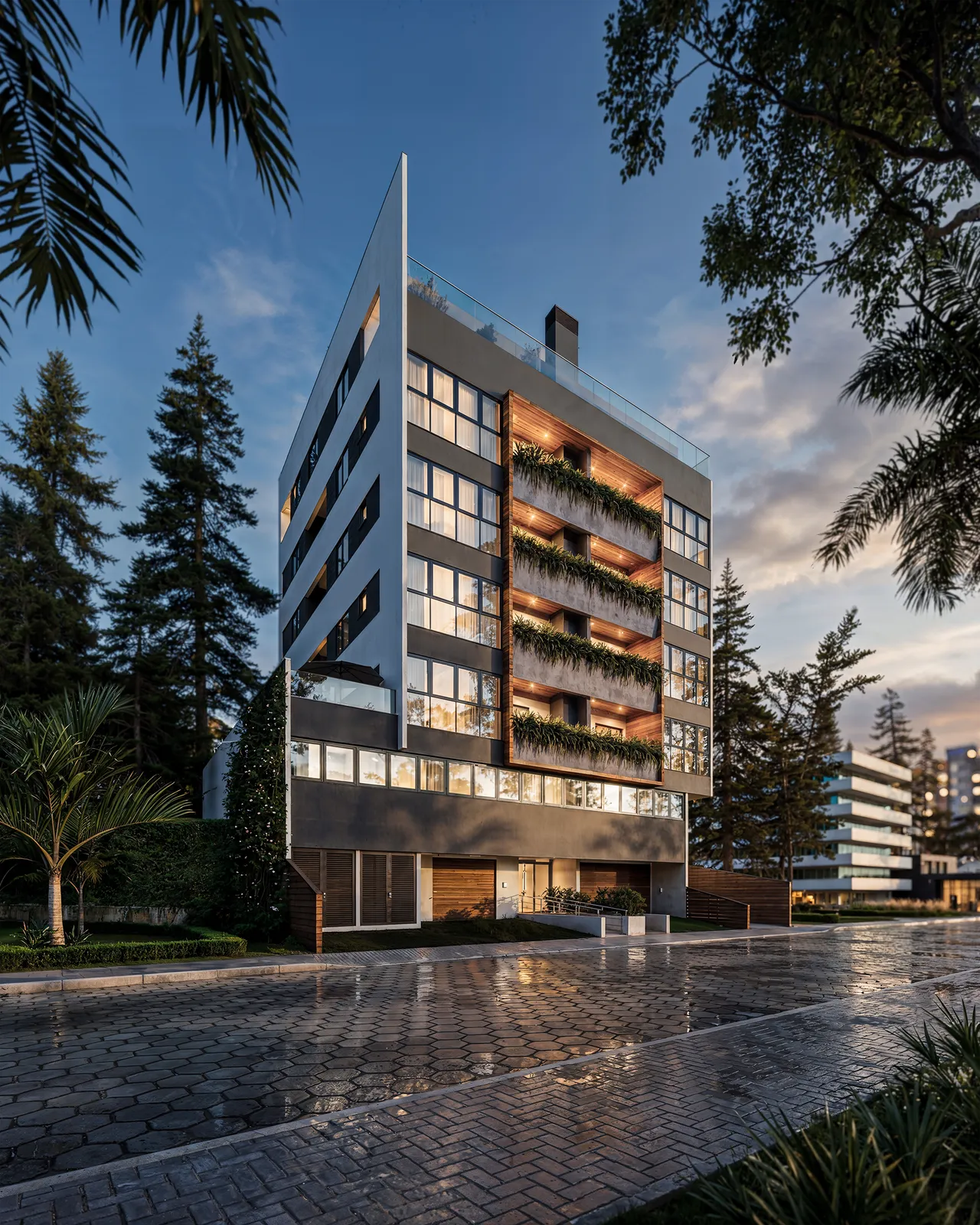 Render 3D da fachada do Liv Green Residence com varandas verdes, revestimento em madeira e piso intertravado molhado