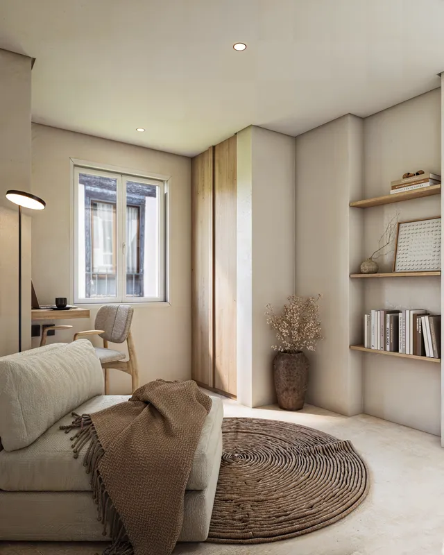 Escritório compacto com nichos de livros, armário em madeira e chaise bege, render 3D do Apartamento Madrid