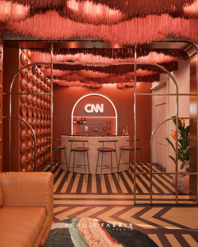 Bar da Casa CNN em render 3D com letreiro em neon, banquetas altas e teto de franjas em tons de coral