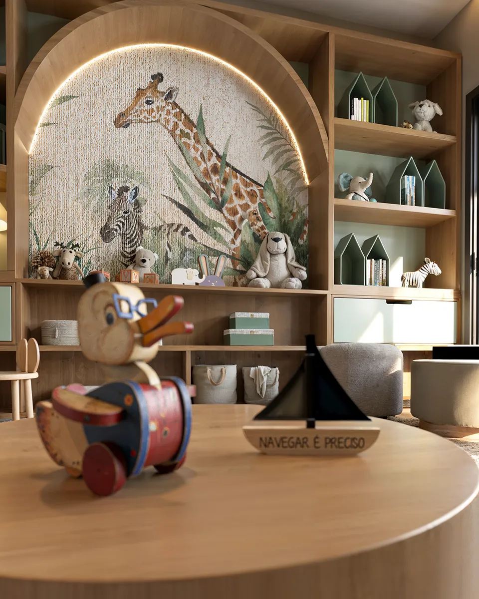 Brinquedoteca do Liv Green Residence com painel de girafa em nicho iluminado e brinquedos de madeira em render 3D