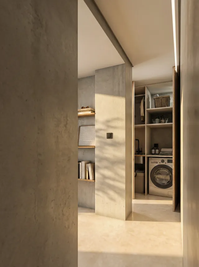 Render 3D do Apartamento Madrid mostrando corredor em concreto e lavanderia planejada com máquina de lavar