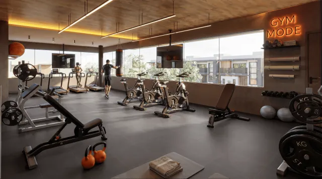 Render 3D del gran gimnasio de Volare con bicicletas, pesos libres, ventanales y neón GYM MODE