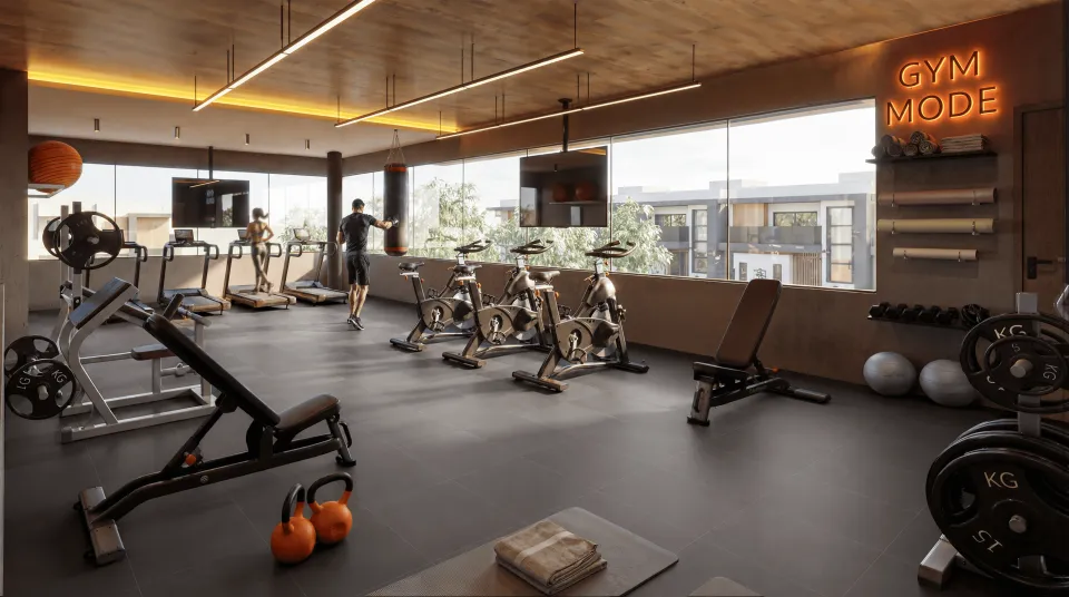 Render 3D del gran gimnasio de Volare con bicicletas, pesos libres, ventanales y neón GYM MODE