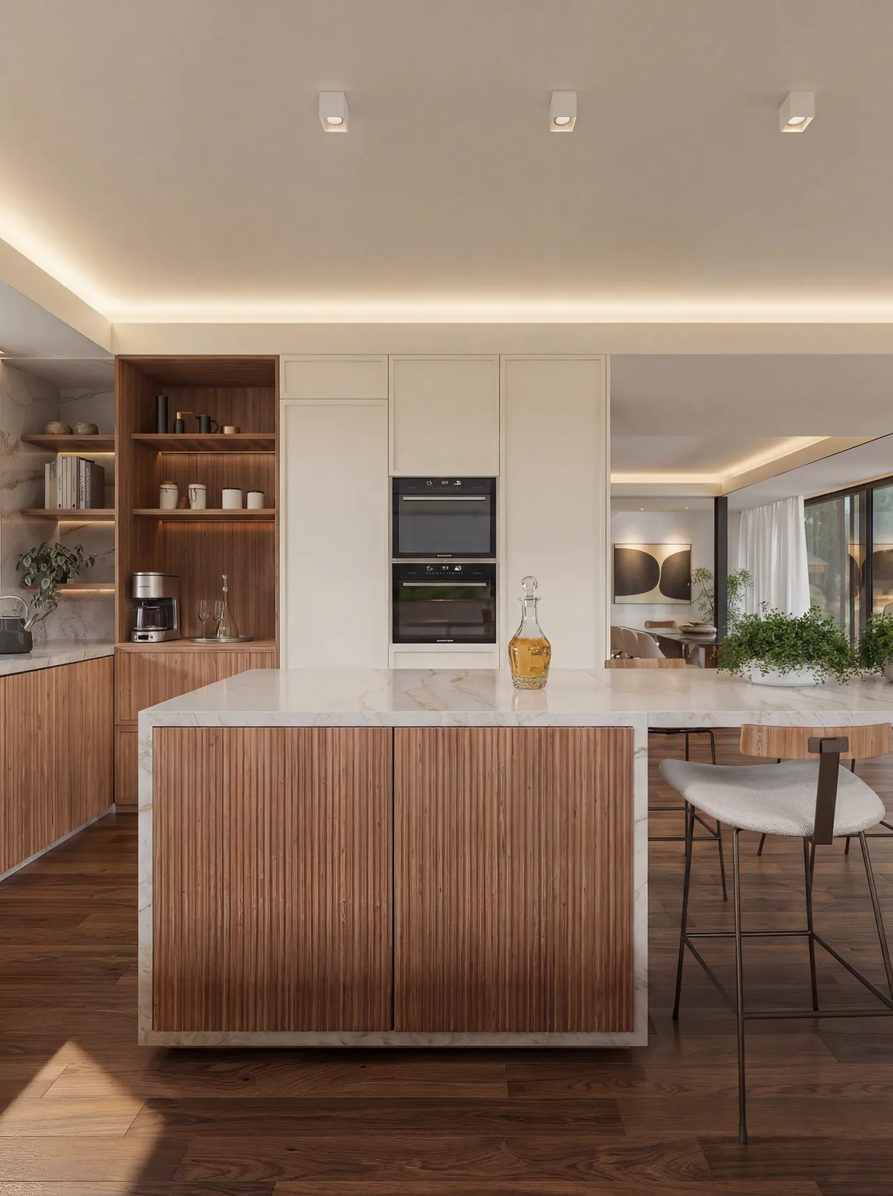 Cozinha da Casa Salamanca com ilha ripada em madeira, bancada de mármore e fornos embutidos em render 3D