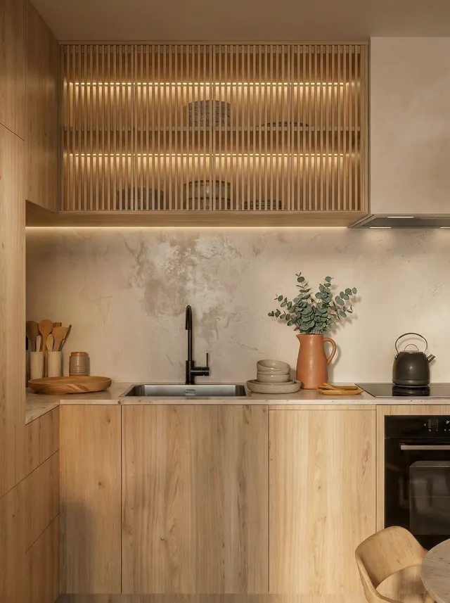 Detalle en render 3D de la cocina del Piso Madrid con vitrina de listones iluminada y encimera de madera clara
