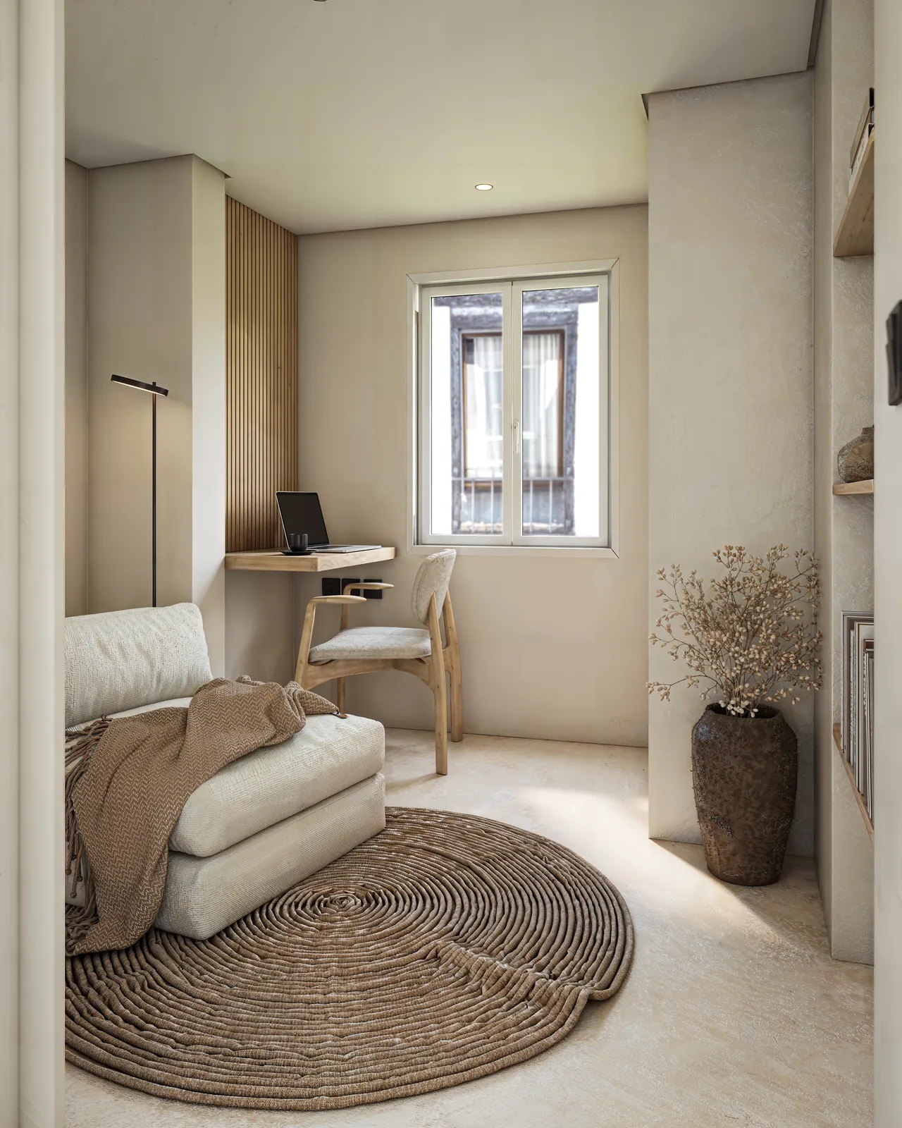 Home office do Apartamento Madrid em render 3D com escrivaninha suspensa, painel ripado e tapete redondo de fibra