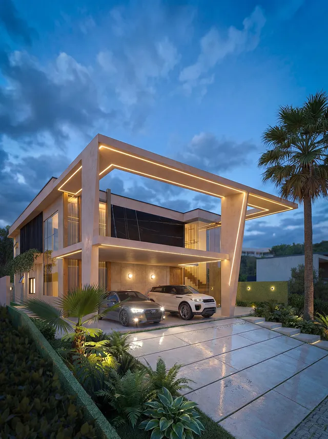 Render 3D de la Casa Alphaville al atardecer: casa de dos plantas con garaje cubierto y acceso de pavimento claro
