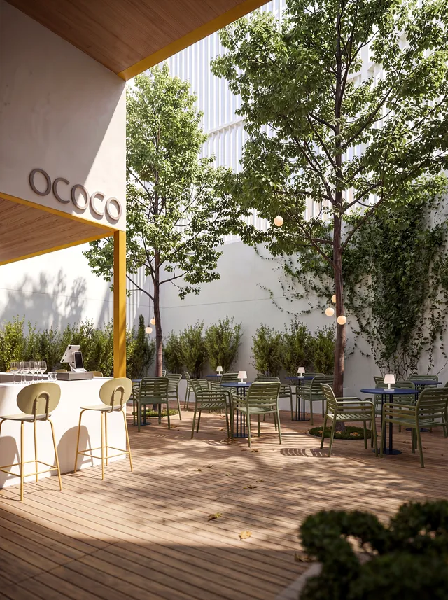 Café ao ar livre do Hotel Ilhas Canárias Espanha com deck de madeira e cadeiras verdes em render 3D nas Ilhas Canárias, ES