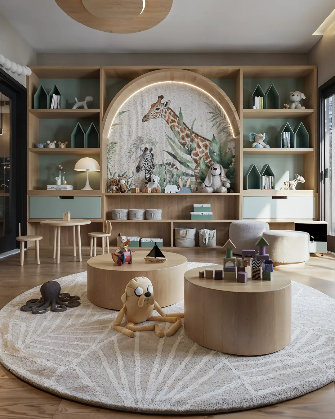 Brinquedoteca do Liv Green Residence com estante em arco, tapete redondo e mesas de madeira em render 3D