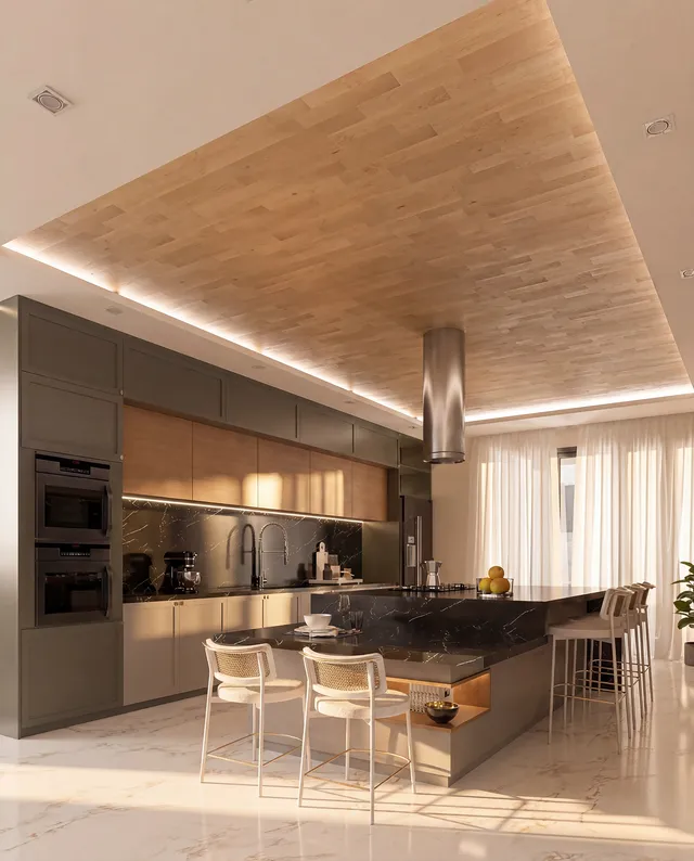 Render 3D de la cocina abierta de la Casa Alphaville con isla negra, techo de madera y cortinas blancas