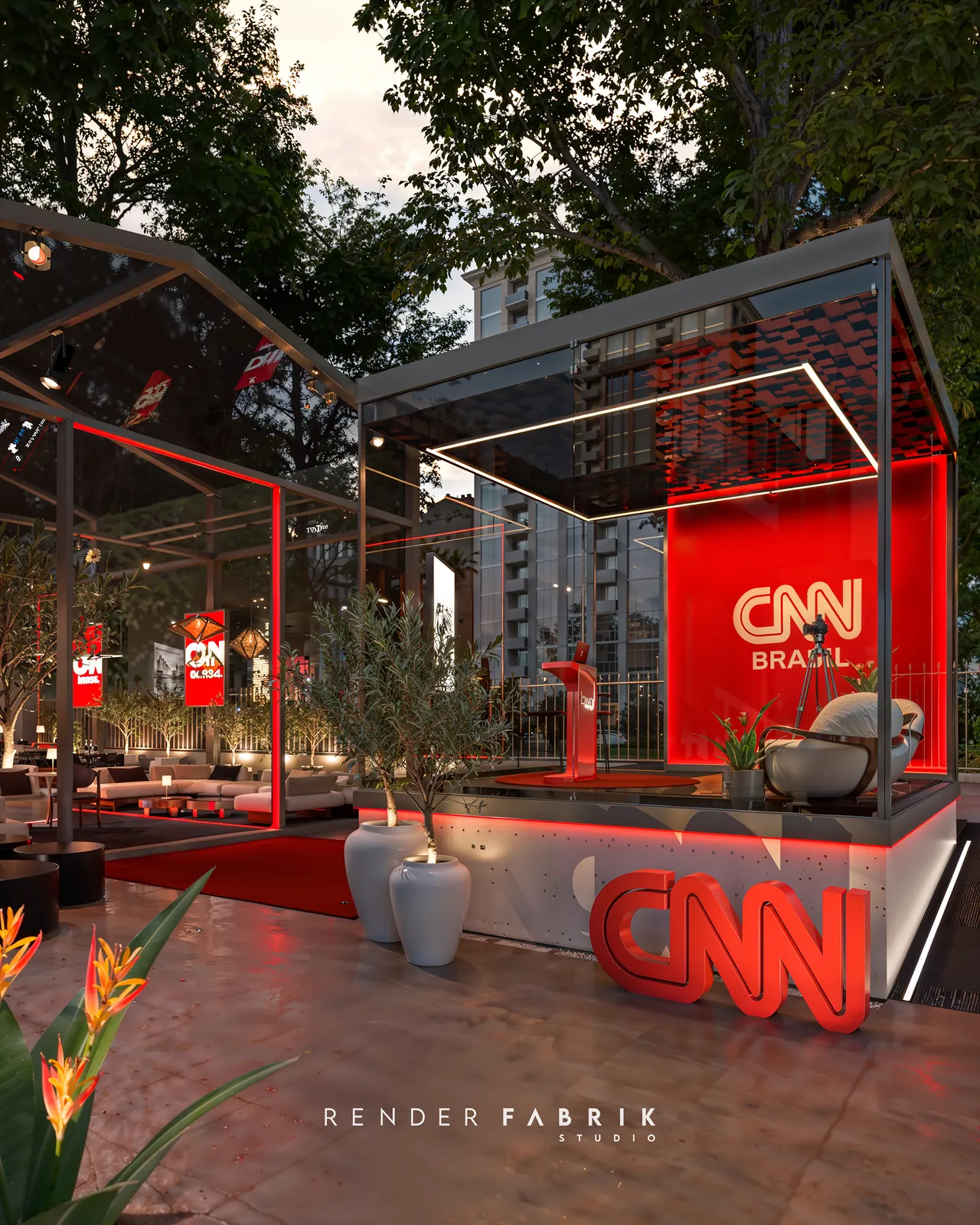 Casa CNN em render 3D: estúdio de vidro com luz vermelha, letreiro CNN Brasil e lounge em jardim noturno