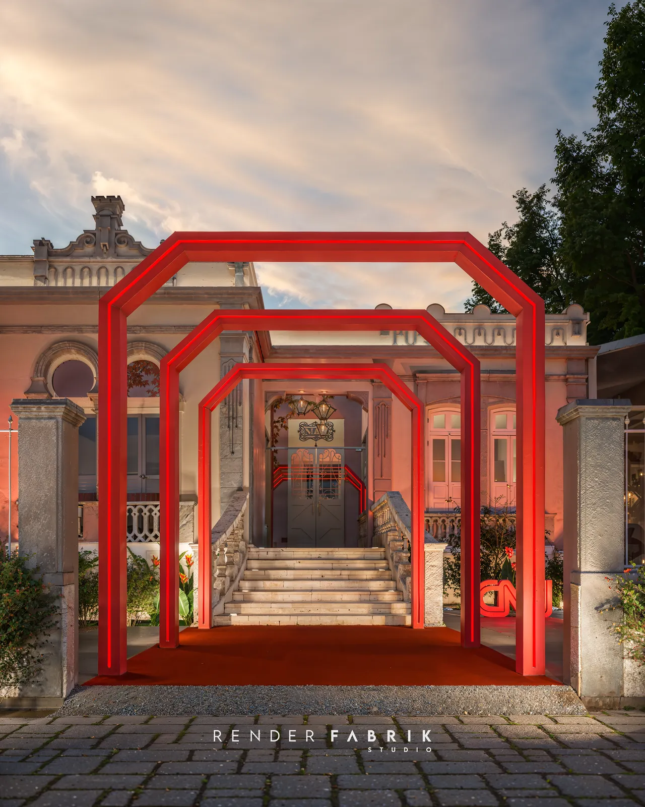 Entrada da Casa CNN em render 3D com arcos vermelhos iluminados diante de casarão histórico e tapete vermelho