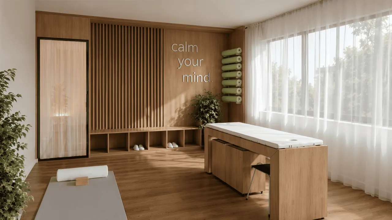 Sala relax do Volare em Eusébio, CE, em render 3D, com maca de massagem, painel ripado de madeira e cortinas leves