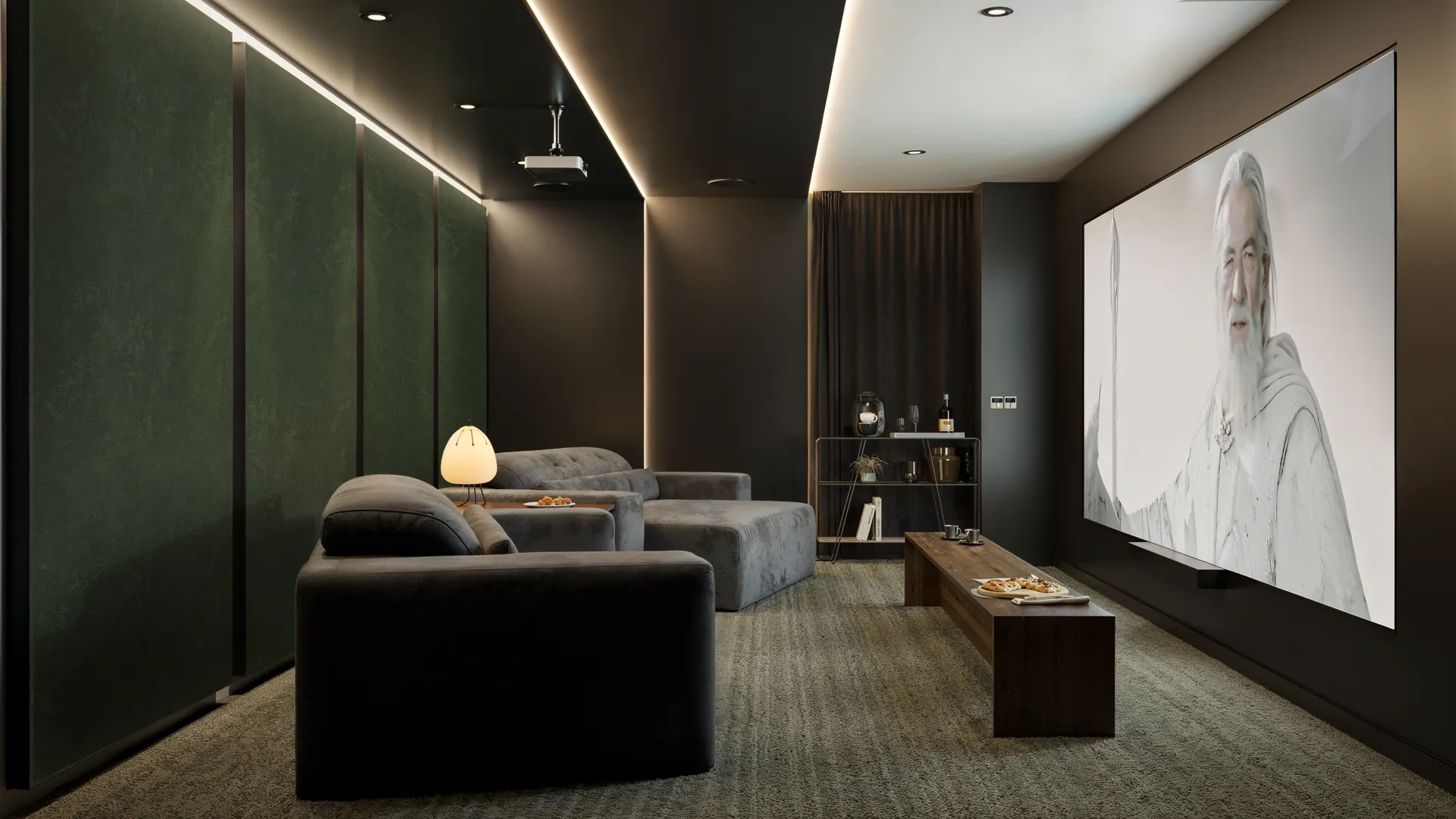 Home Cinema com paredes verdes acústicas, sofás cinza e mesa de centro de madeira diante do telão em render 3D