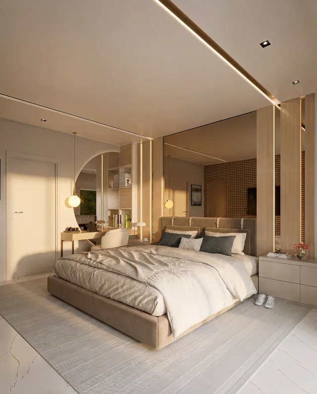 Suíte master da Casa Alphaville em render 3D com cama baixa, painel de madeira e iluminação indireta no teto