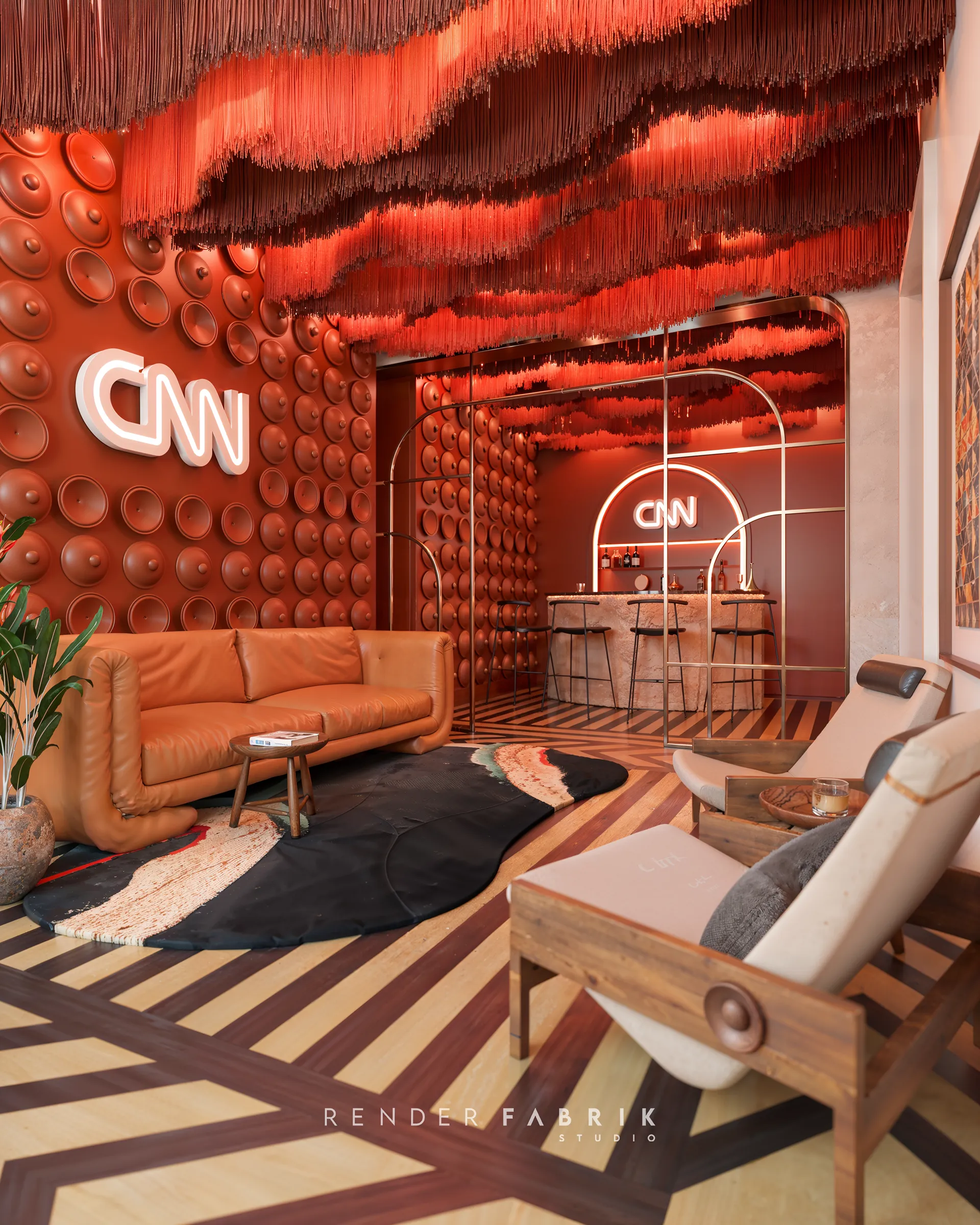 Lounge da Casa CNN em render 3D com sofá de couro caramelo, parede de discos terracota e piso em chevron