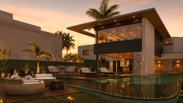 Deck gourmet do Volare em Eusébio, CE, em render 3D ao entardecer, com piscina, espreguiçadeiras e coqueiros