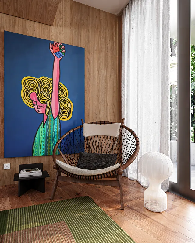 Canto de leitura dos Apartamentos Modelos em render 3D com poltrona circular, quadro pop art e parede em madeira