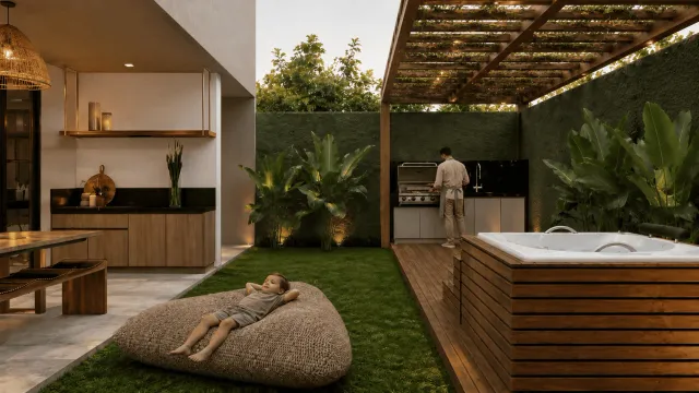 Quintal de casa em terreno reto no Volare, Eusébio, CE, em render 3D, com pergolado verde, ofurô de madeira e grama