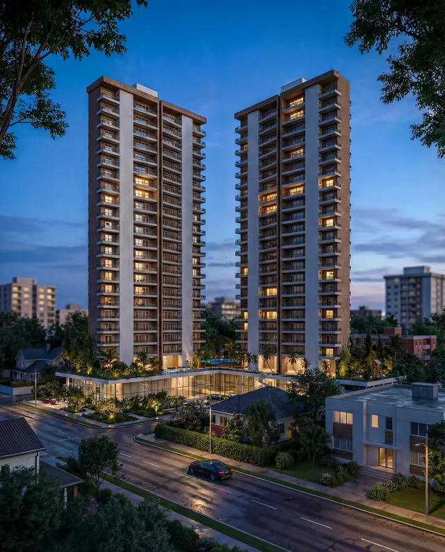 Duas torres residenciais ao anoitecer com embasamento envidraçado e paisagismo iluminado em render 3D (Fachadas Verticais)