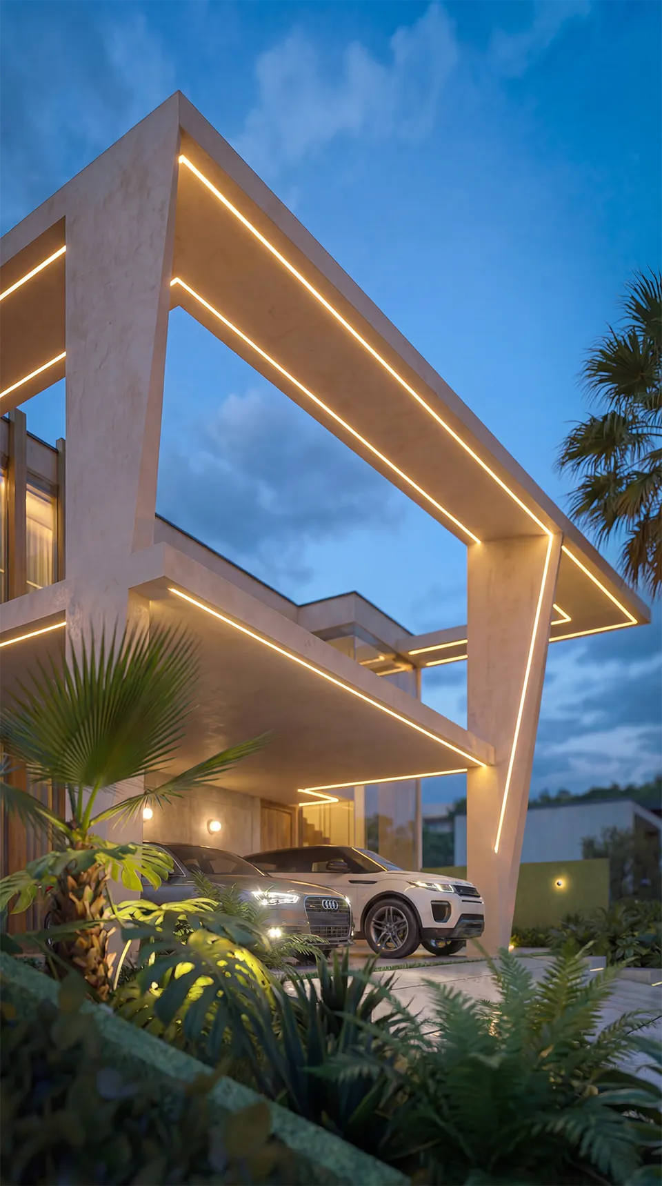 Fachada da Casa Alphaville em render 3D ao anoitecer com pórtico inclinado e fitas de LED contornando a estrutura