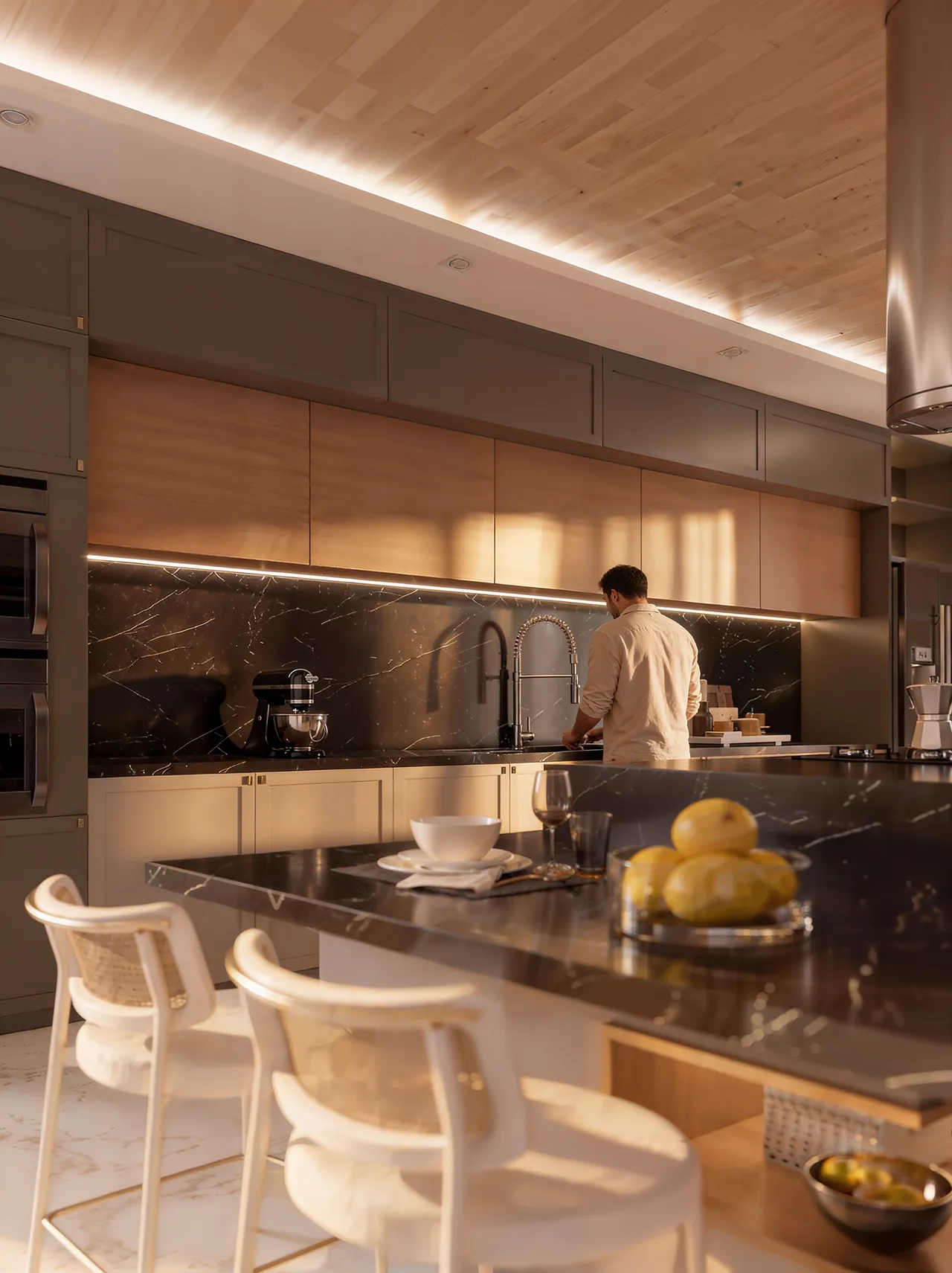 Cozinha gourmet com ilha em mármore preto, banquetas de palhinha e forro de madeira, render 3D dos Apartamentos Modelos