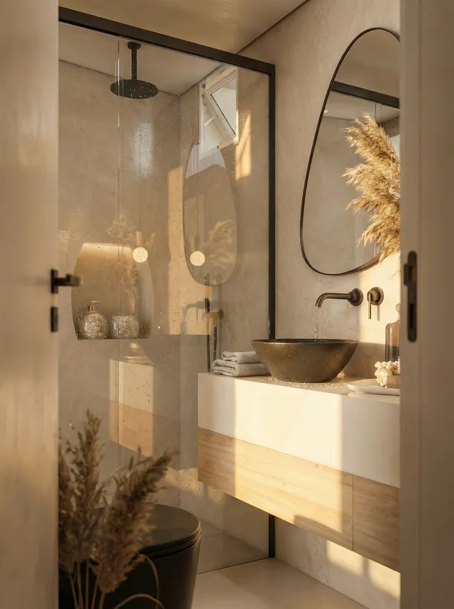 Render 3D del baño del Piso Madrid visto desde la puerta, con luz dorada, lavabo de piedra y hierba de la pampa