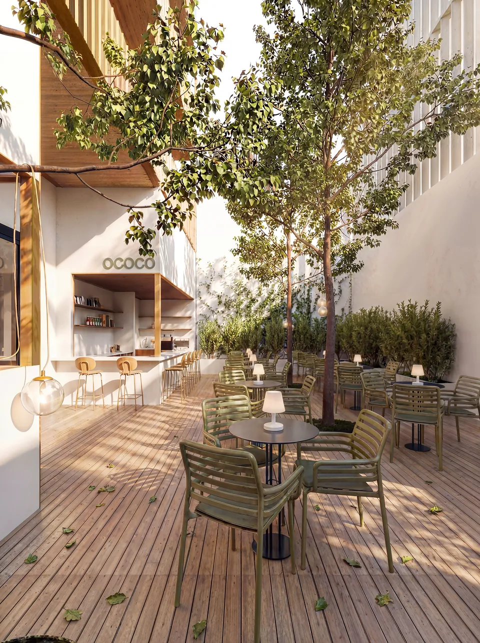 Terraço do Hotel Ilhas Canárias Espanha com balcão de café, banquetas e luminárias em render 3D nas Ilhas Canárias, ES