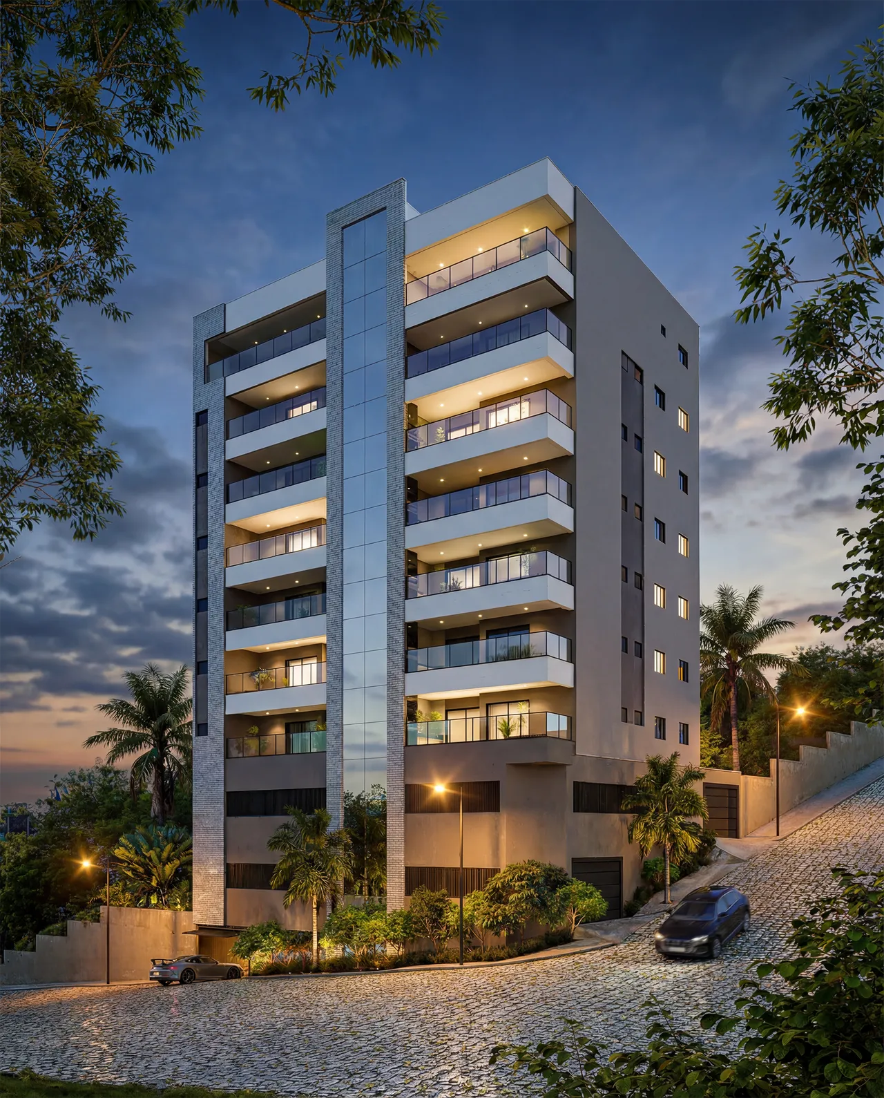 Fachada de edifício residencial ao entardecer com varandas de vidro e rua de paralelepípedo em render 3D (Fachadas Verticais)