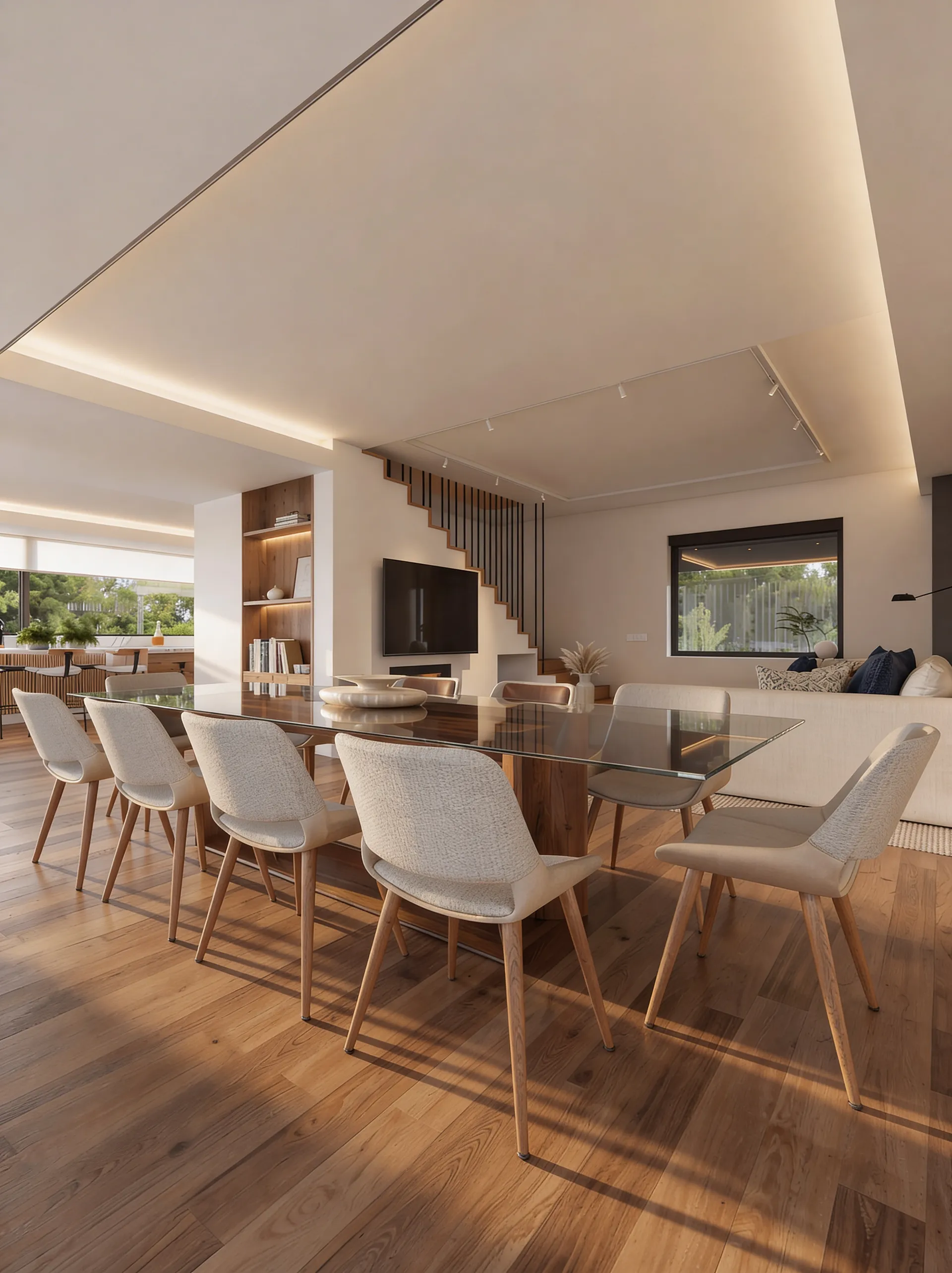 Render 3D do living amplo da Casa Salamanca com mesa para oito lugares, escada vazada e luz natural de fim de tarde
