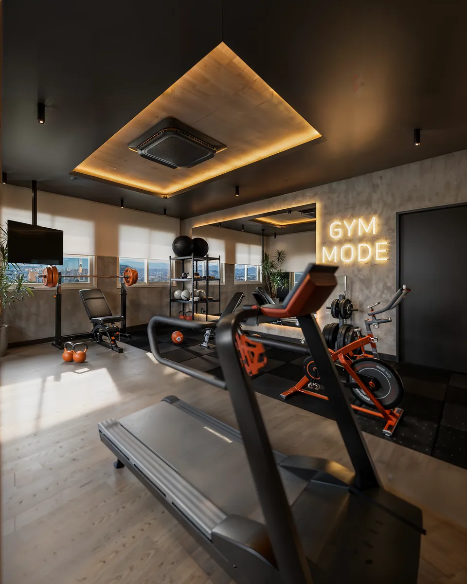 Render 3D da academia do Liv Green Residence com equipamentos de cardio, anilhas e janelas com vista da cidade