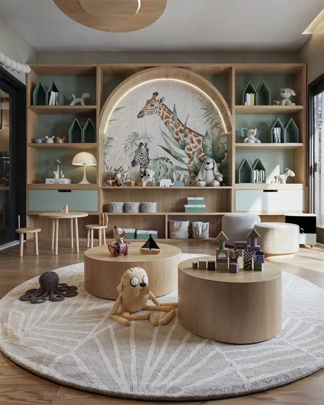 Render 3D de la ludoteca de Liv Green Residence con estantería en arco, alfombra redonda y mesas de madera