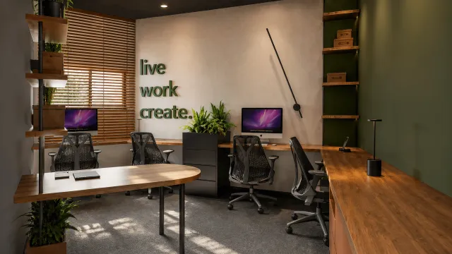 Coworking do Volare em Eusébio, CE, em render 3D, com bancadas de madeira, cadeiras ergonômicas e letreiro live work create