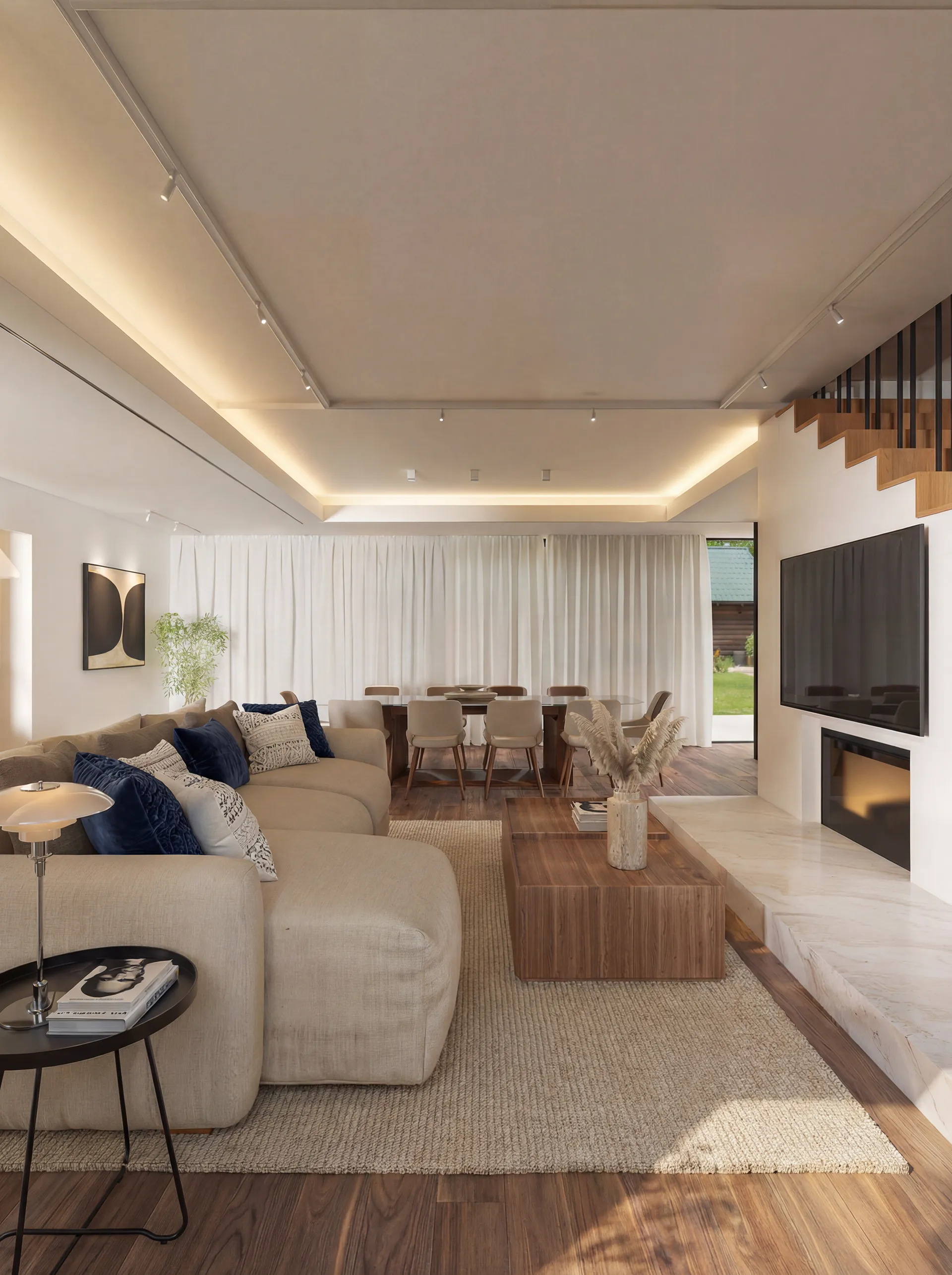 Sala de estar da Casa Salamanca com sofá em L, lareira em mármore e sanca iluminada em render 3D
