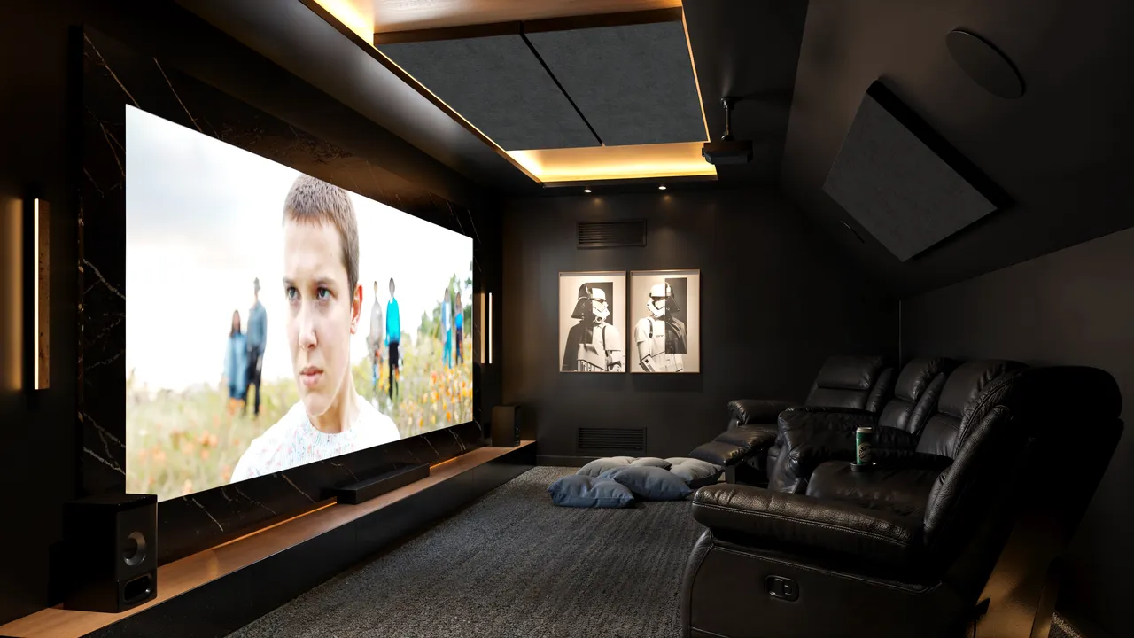 Sala de Home Cinema escura com tela grande, poltronas reclináveis de couro e quadros de Star Wars em render 3D
