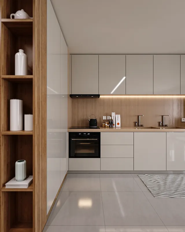 Render 3D de una cocina en L de los Pisos piloto con armarios lacados en blanco y hornacina decorativa de madera