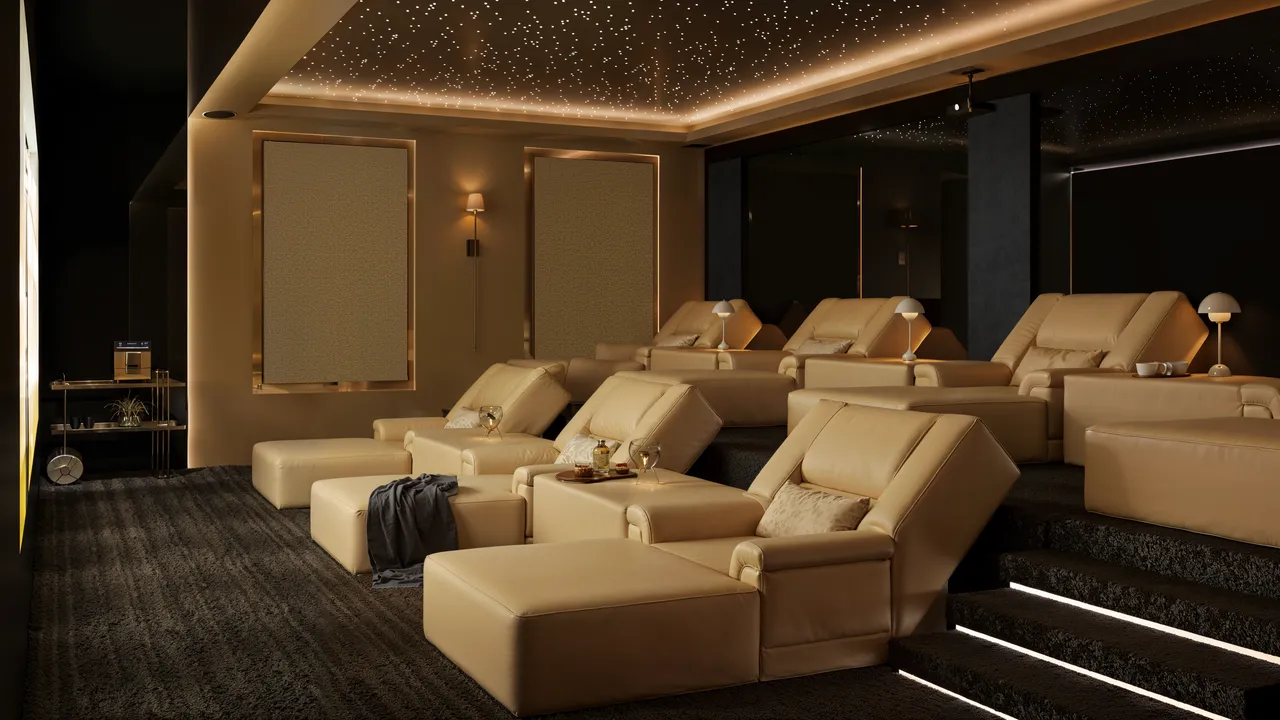Render 3D de un home cinema con butacas reclinables beige en gradas, techo estrellado y foseado de luz dorada