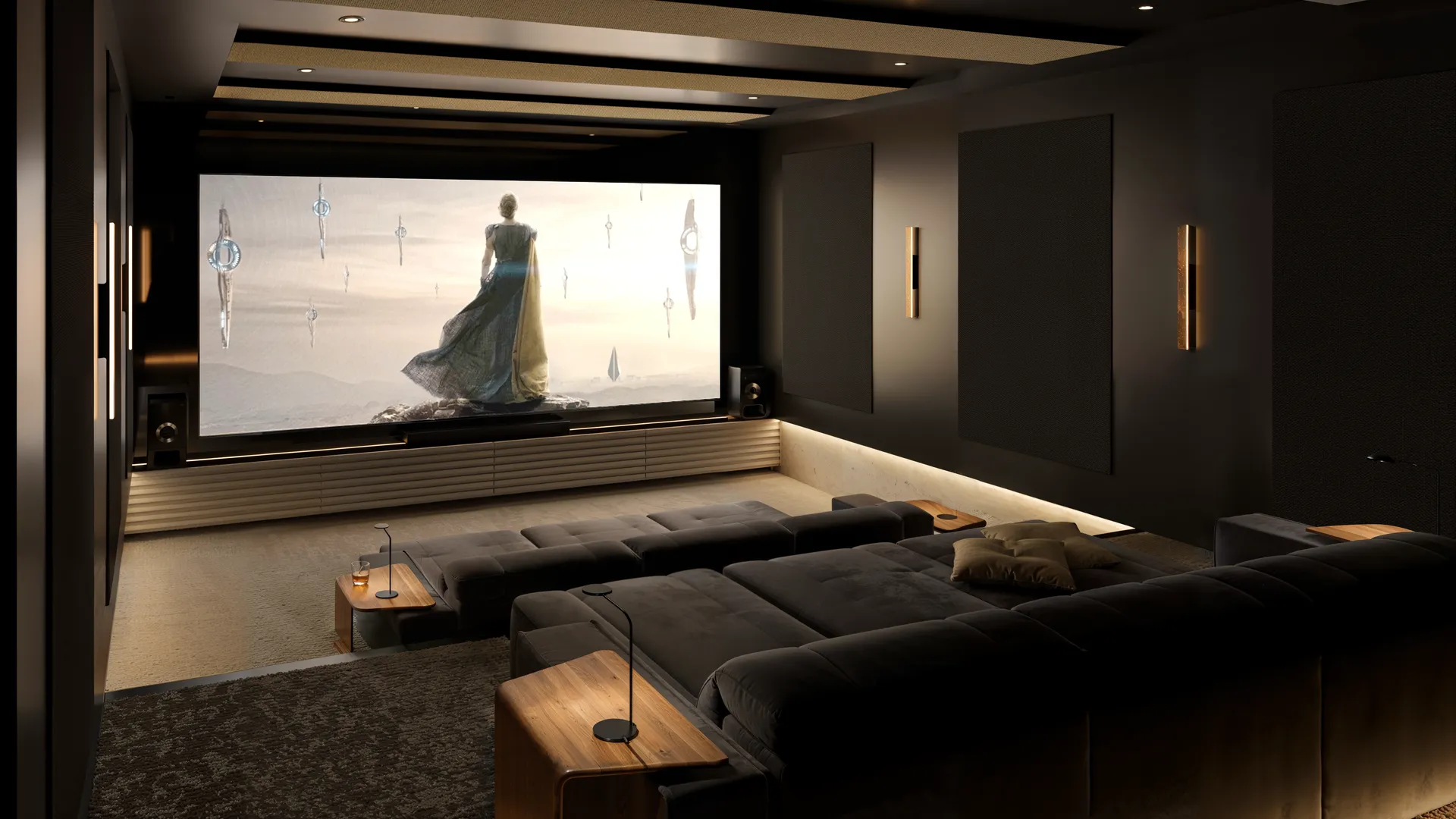 Home Cinema com sofá modular cinza em dois níveis, arandelas de madeira e telão ao fundo em render 3D