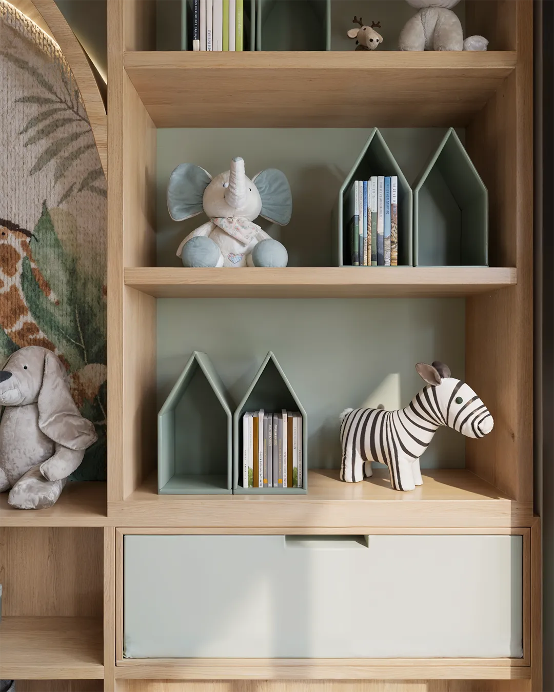 Estante infantil do Liv Green Residence com nichos em formato de casinha, livros e bichos de pelúcia em render 3D