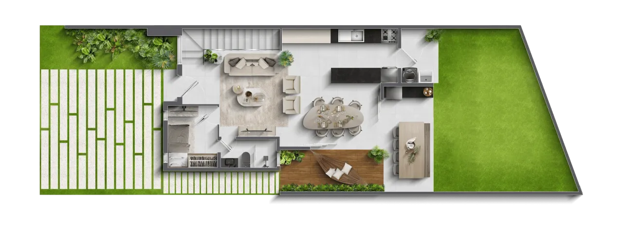 Plano comercial de la planta baja de la casa A de Volare en terreno en pendiente, con tarima y jardín lateral