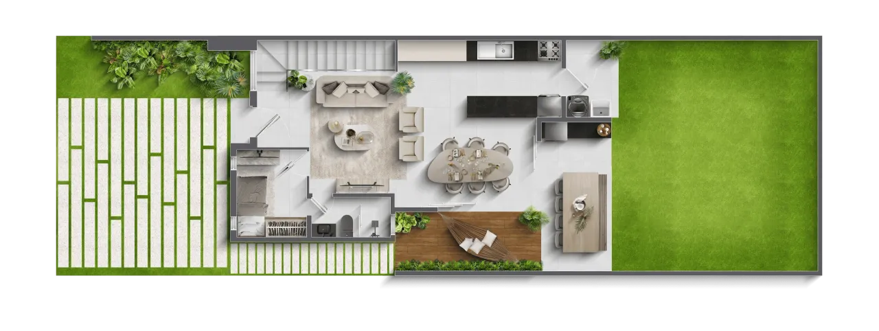 Planta humanizada do térreo da casa A do Volare em Eusébio, CE, terreno reto, com sala, cozinha e quintal gramado