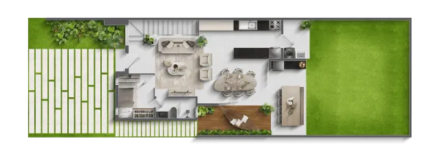 Planta humanizada do térreo da casa A do Volare em Eusébio, CE, terreno reto, com sala, cozinha e quintal gramado